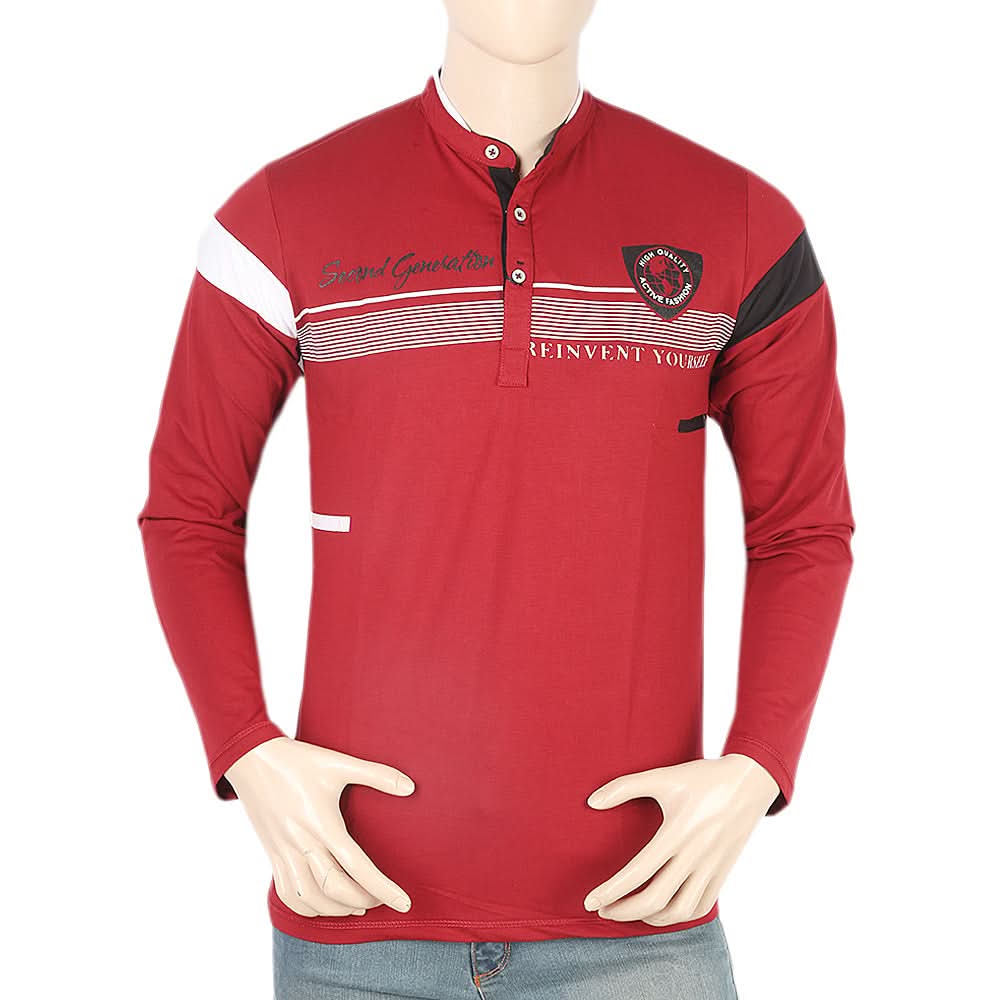 Men's Full Sleeves Sherwani Collar T-Shirt - Maroon, Men, T-Shirts And Polos, Chase Value, Chase Value