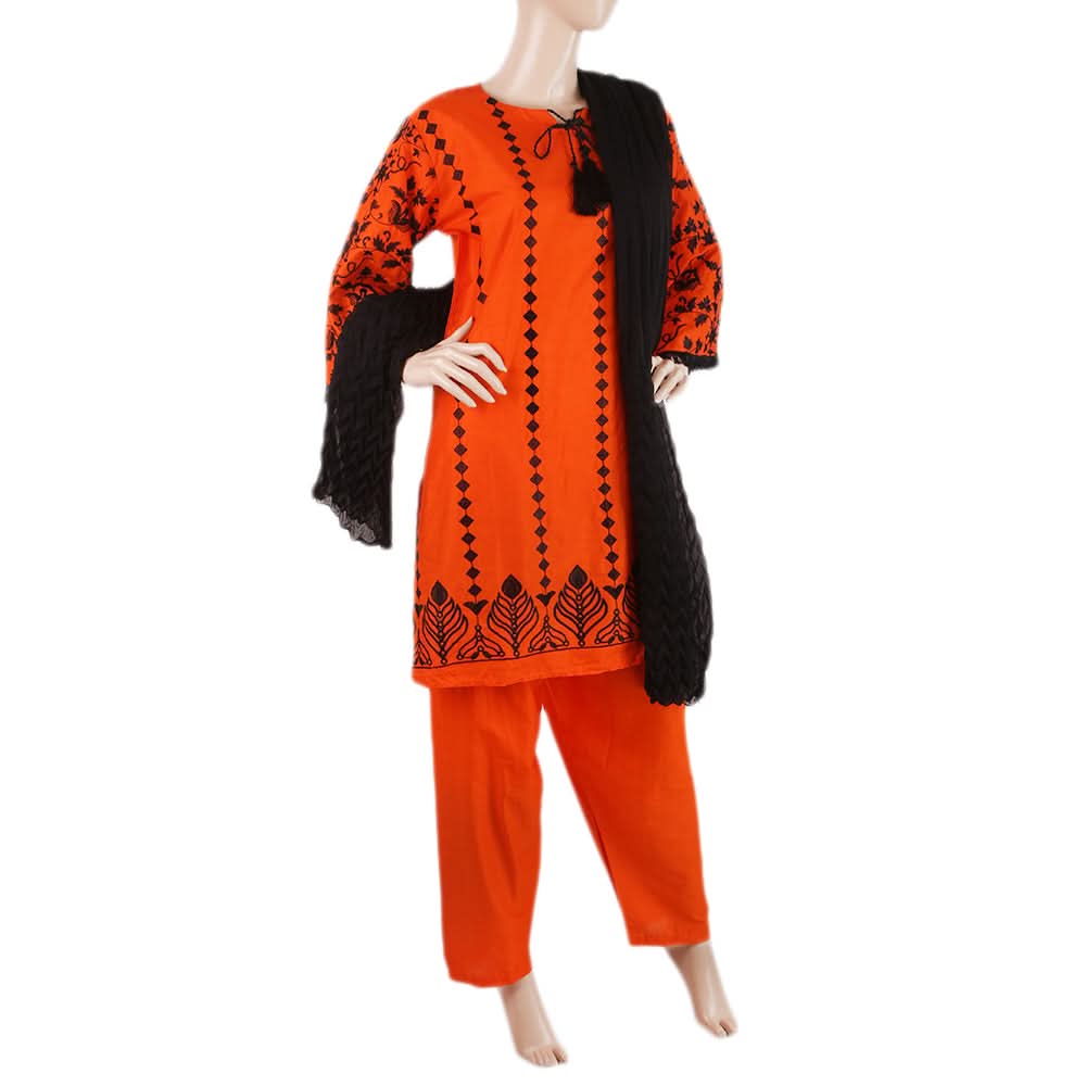 Women's Embroidered 3 Pcs Cotton Suit - Orange, Women, Shalwar Suits, Chase Value, Chase Value