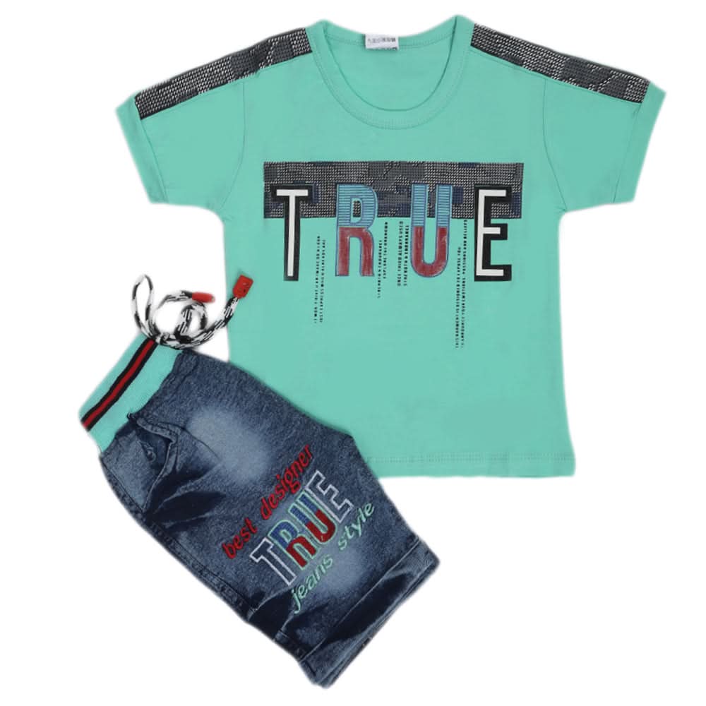 Boys Half Sleeves Denim Suit - Sea Green, Kids, Boys Sets And Suits, Chase Value, Chase Value