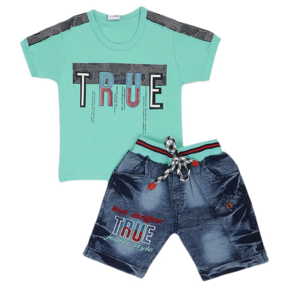 Boys Half Sleeves Denim Suit - Sea Green, Kids, Boys Sets And Suits, Chase Value, Chase Value