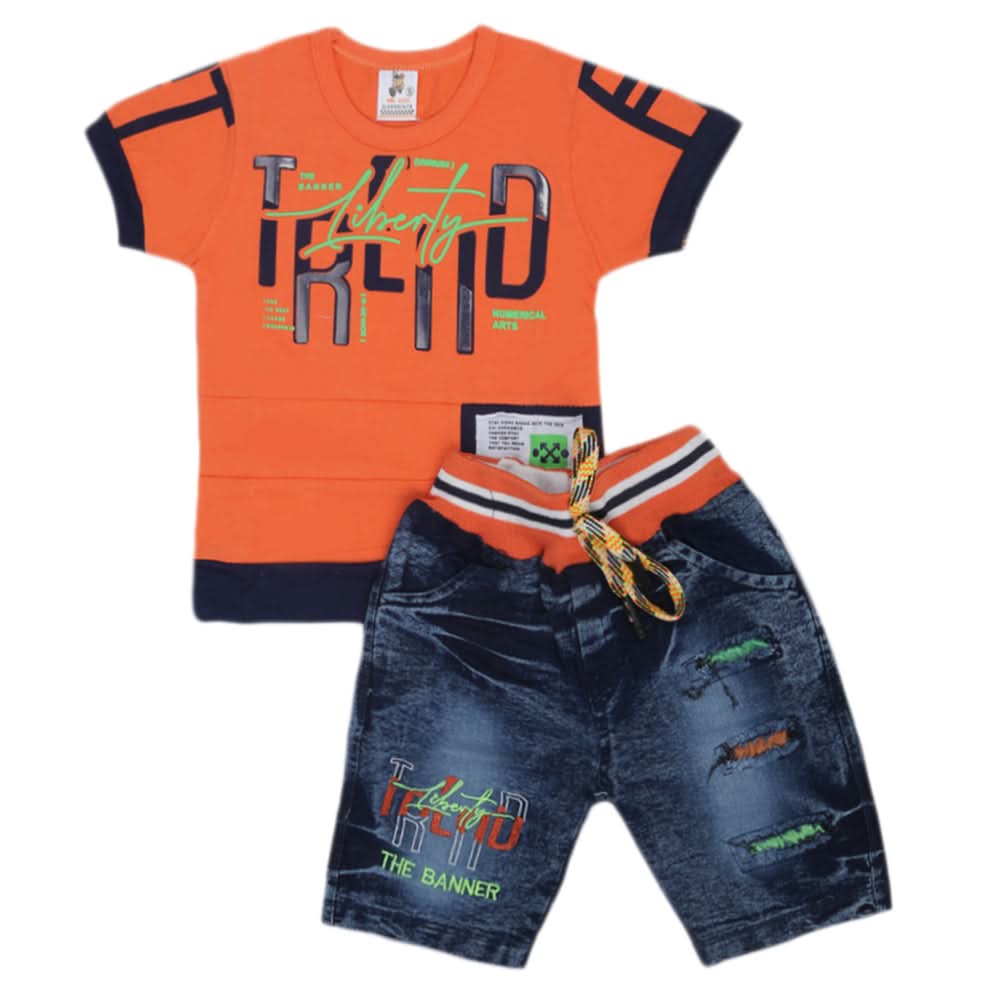 Boys Half Sleeves Denim Suit - Orange, Kids, Boys Sets And Suits, Chase Value, Chase Value