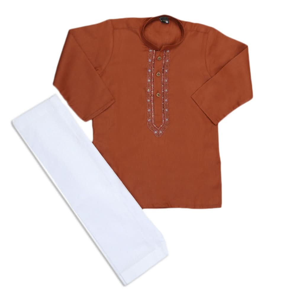 Boys Embroidered Kurta Shalwar Suit - Dark Brown, Kids, Boys Shalwar Kameez, Chase Value, Chase Value