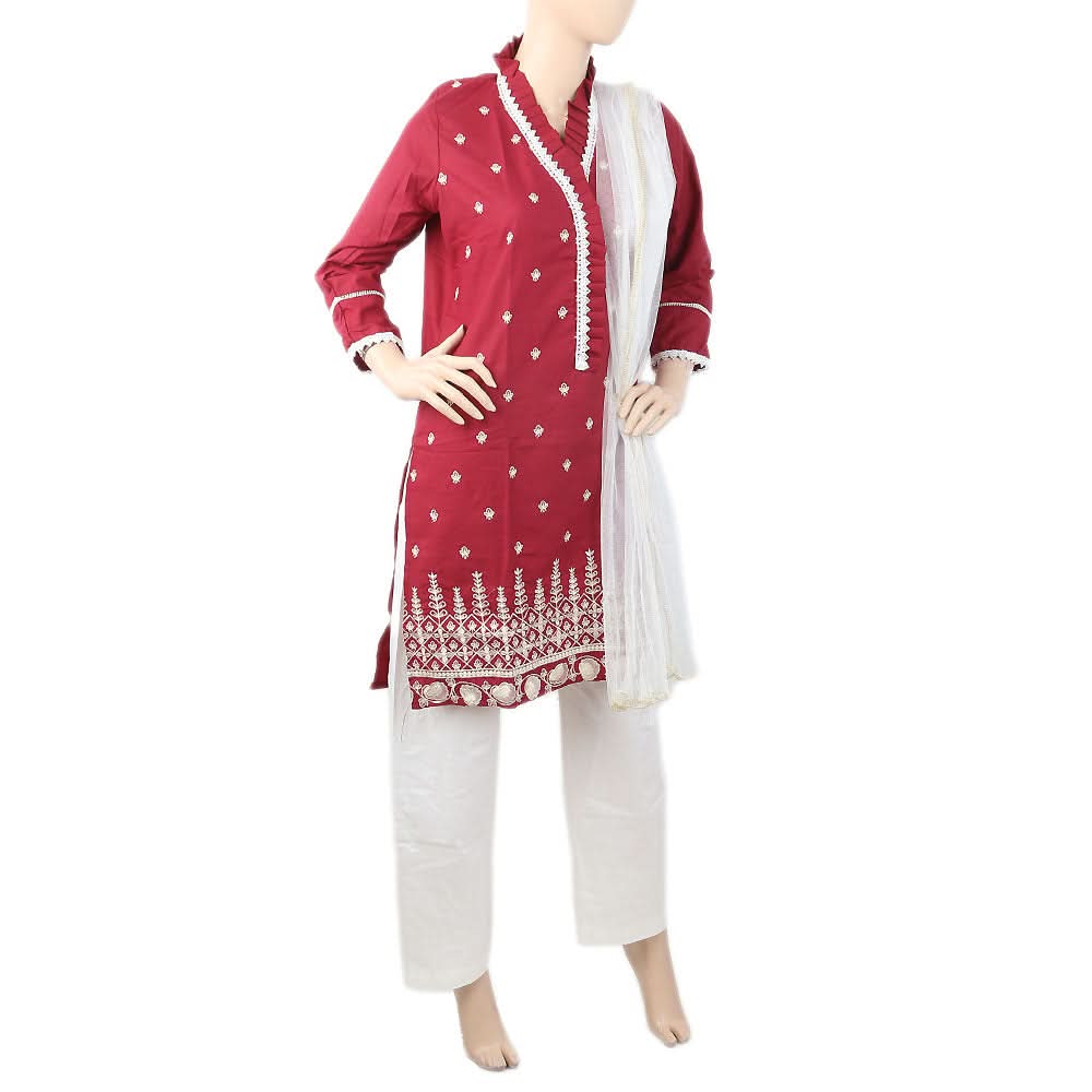 Women's Embroidered 03 Pcs Suit With China Gala - Maroon, Women, Shalwar Suits, Chase Value, Chase Value