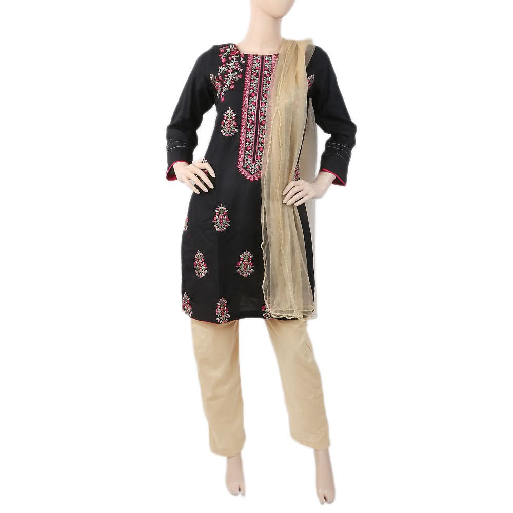 Women's Embroidered 3Pcs Suit - Black, Women, Shalwar Suits, Chase Value, Chase Value