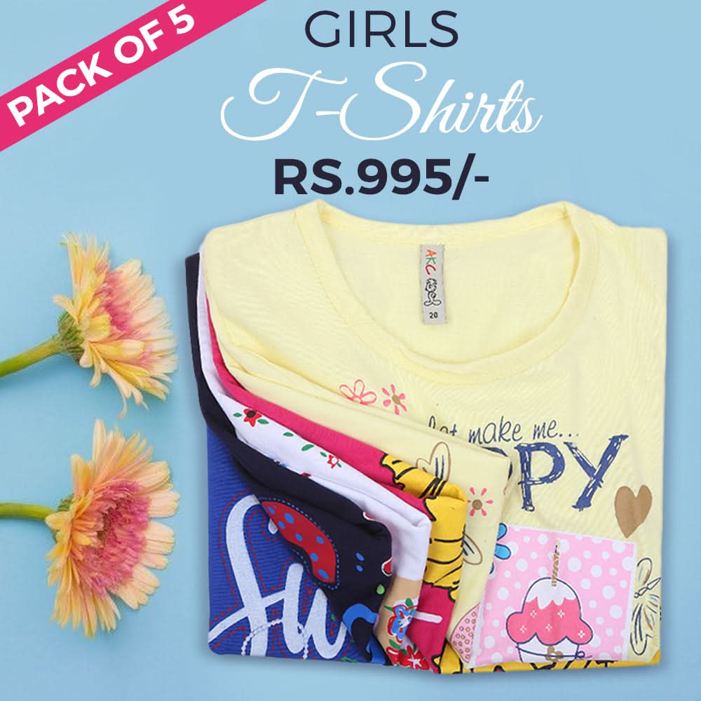 Girls Half Sleeves T-Shirt Pack Of 5 - Multi, Kids, Girls T-Shirts, Chase Value, Chase Value