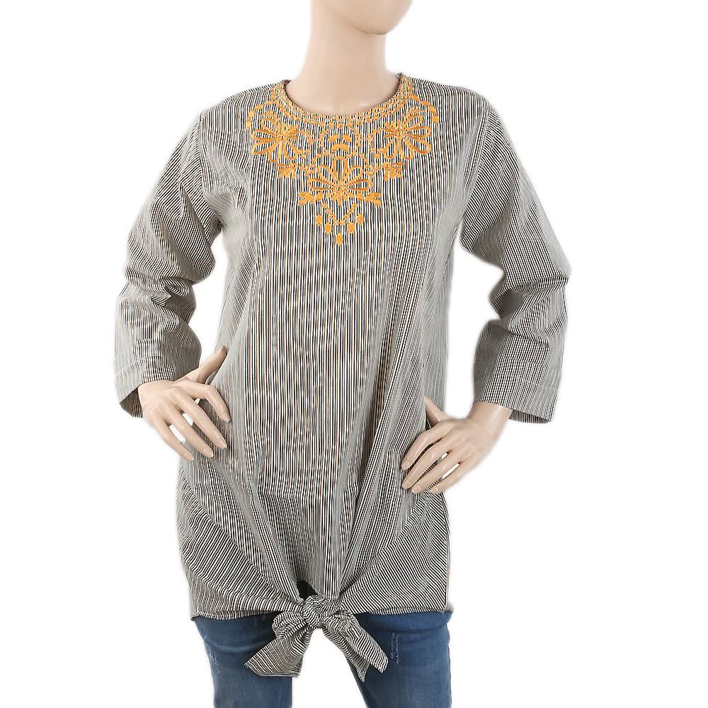 Women's Embroidered Stripe Top With Cut Daman - Olive Green, Women, T-Shirts And Tops, Chase Value, Chase Value