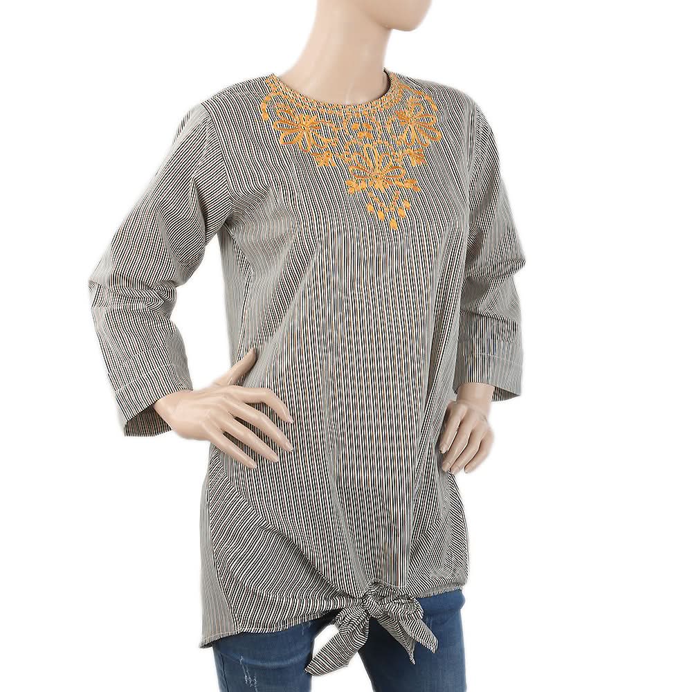 Women's Embroidered Stripe Top With Cut Daman - Olive Green, Women, T-Shirts And Tops, Chase Value, Chase Value