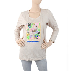 Women's Printed Full Sleeves T-Shirt - Beige, Women, T-Shirts And Tops, Chase Value, Chase Value