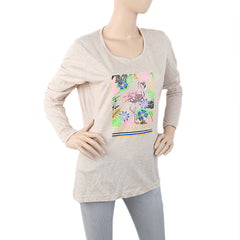 Women's Printed Full Sleeves T-Shirt - Beige, Women, T-Shirts And Tops, Chase Value, Chase Value