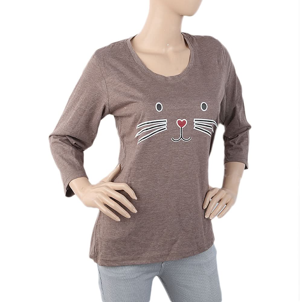 Women's Printed Full Sleeves T-Shirt - Brown, Women, T-Shirts And Tops, Chase Value, Chase Value