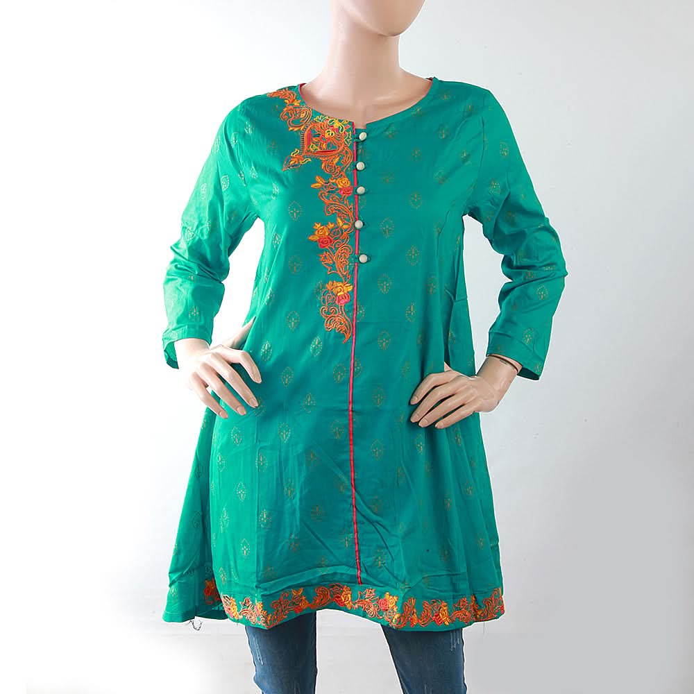 Women's Embroidered Kurti With Front Button - Green, Women, Ready Kurtis, Chase Value, Chase Value