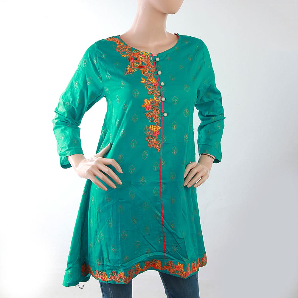 Women's Embroidered Kurti With Front Button - Green, Women, Ready Kurtis, Chase Value, Chase Value