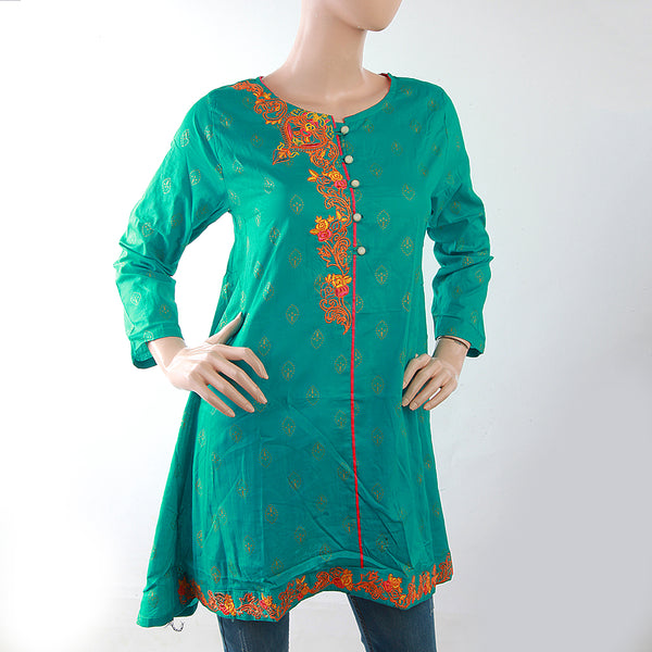 Women's Embroidered Kurti With Front Button - Green, Women, Ready Kurtis, Chase Value, Chase Value