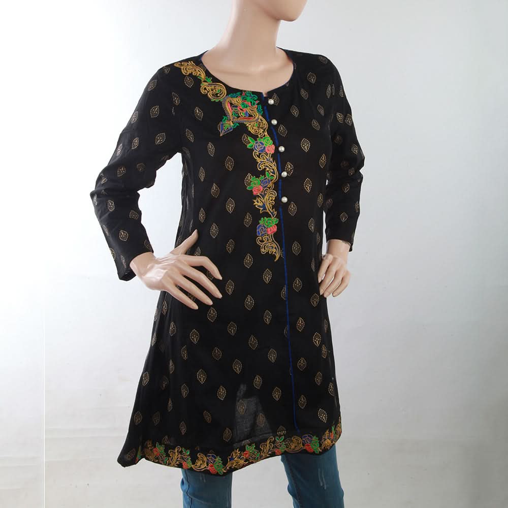 Women's Embroidered Kurti With Front Button - Black, Women, Ready Kurtis, Chase Value, Chase Value