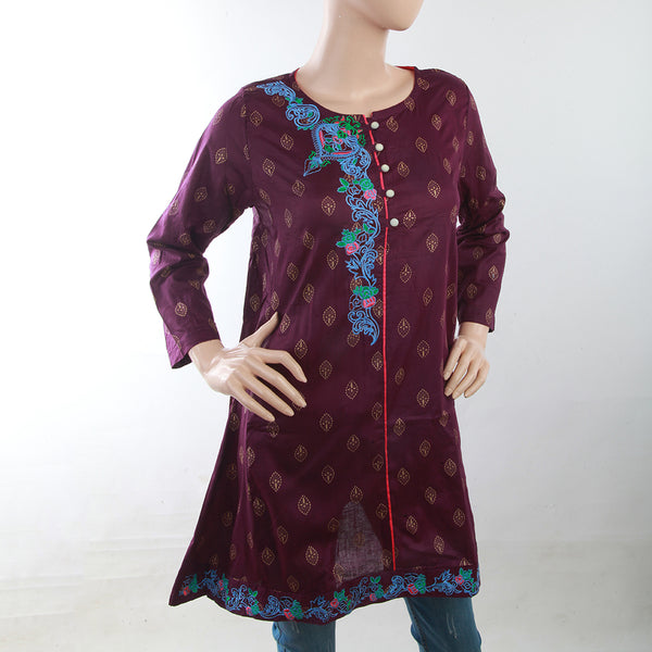 Women's Embroidered Kurti With Front Button - Purple, Women, Ready Kurtis, Chase Value, Chase Value