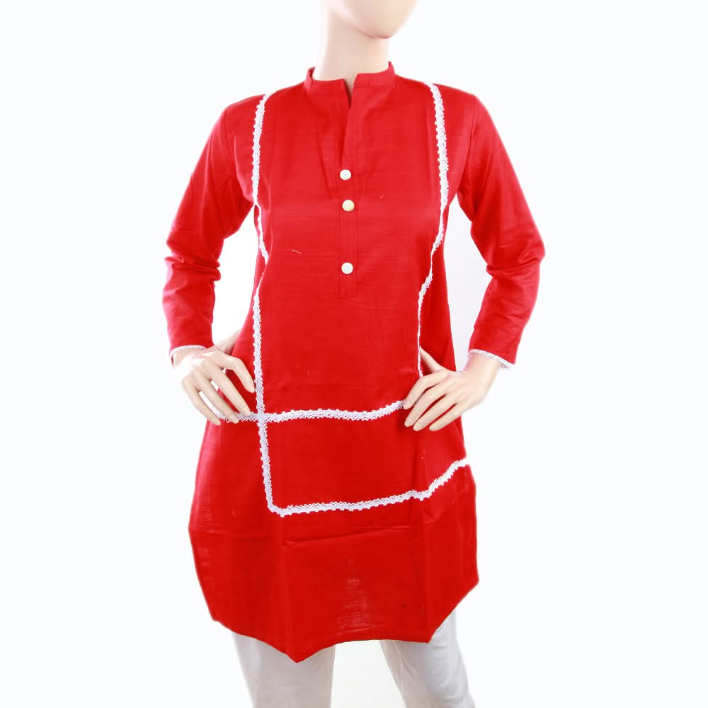 Women's Khaddar Kurti With Lace - Red, Women, Ready Kurtis, Chase Value, Chase Value