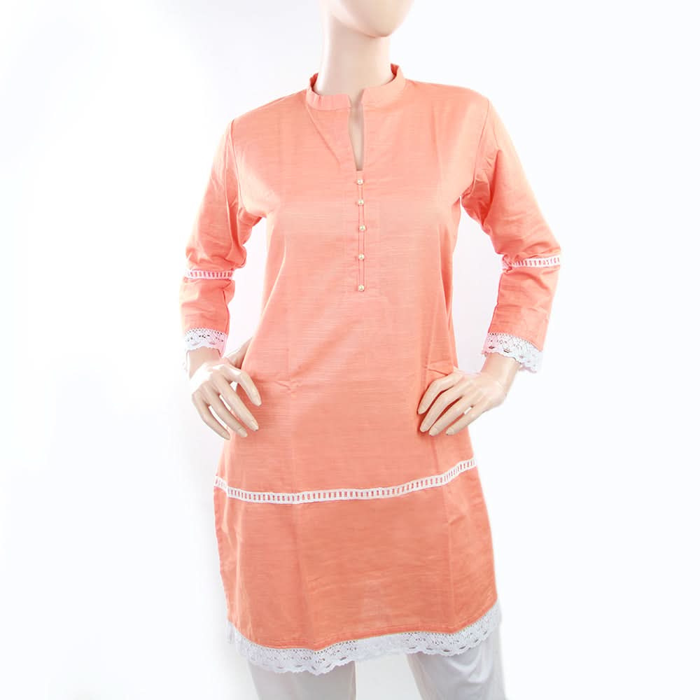 Women's Khaddar Kurti With Lace - Peach, Women, Ready Kurtis, Chase Value, Chase Value