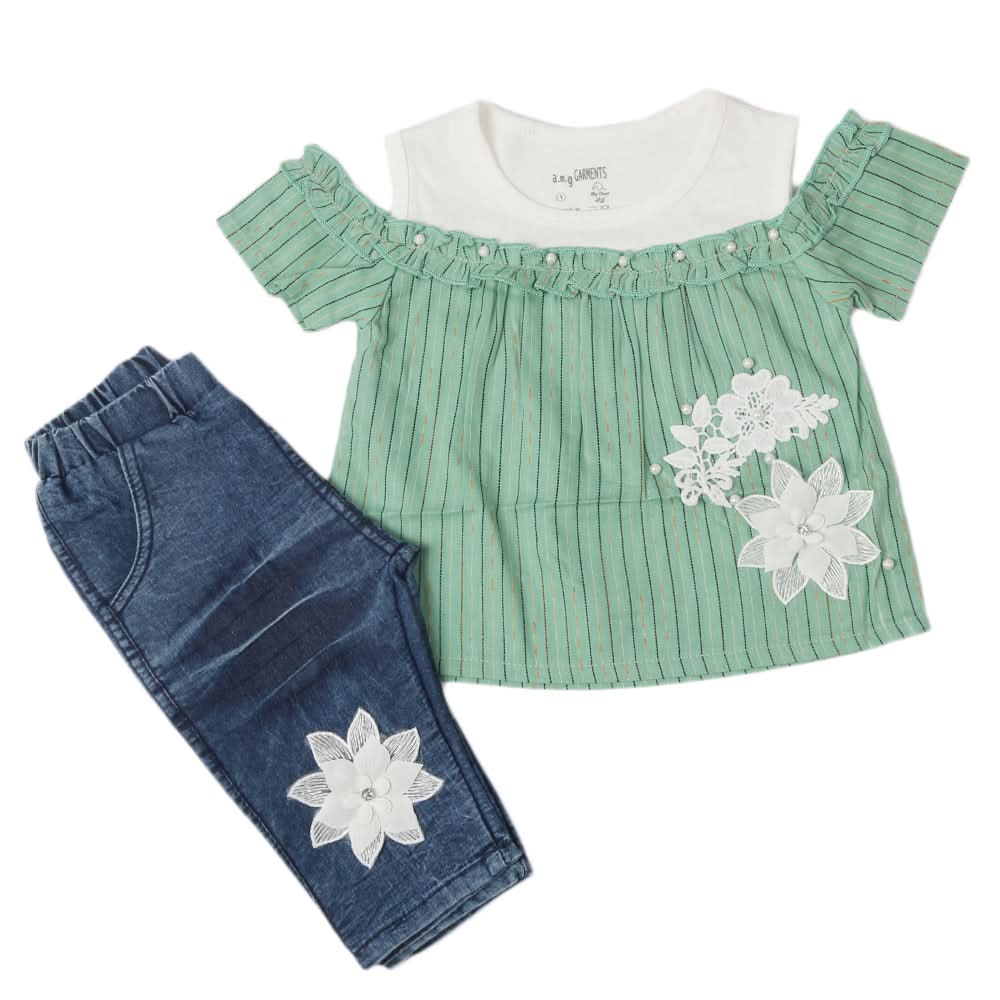 Newborn Girls Half Sleeves Suit - Sea Green, Kids, Newborn Girls Sets And Suits, Chase Value, Chase Value