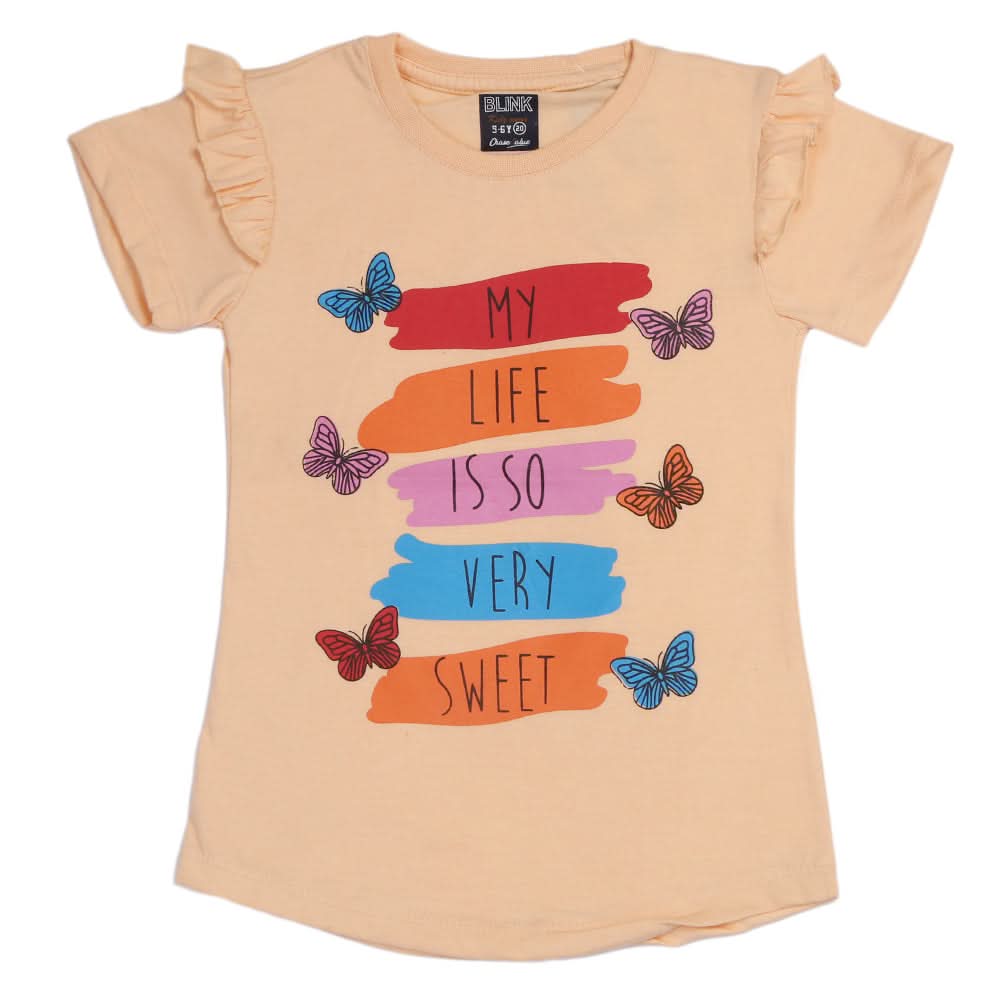 Girls Half Sleeves Printed T-Shirt - Peach, Girls T-Shirts, Chase Value, Chase Value