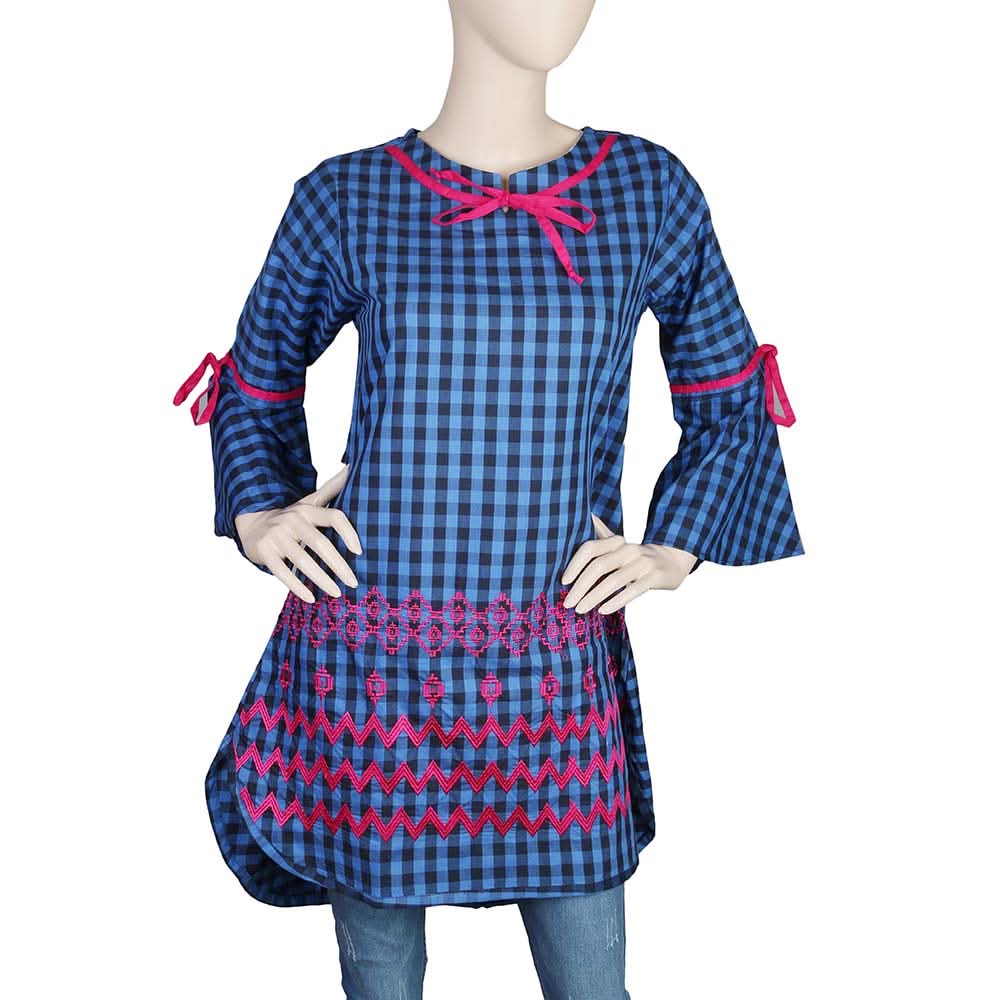 Women's Embroidered Checkered Kurti - R/Blue, Women, Ready Kurtis, Chase Value, Chase Value