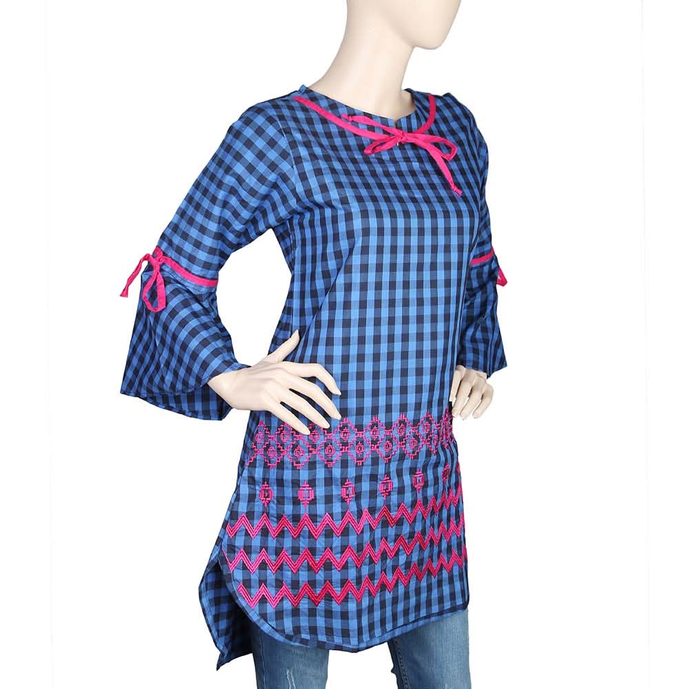 Women's Embroidered Checkered Kurti - R/Blue, Women, Ready Kurtis, Chase Value, Chase Value