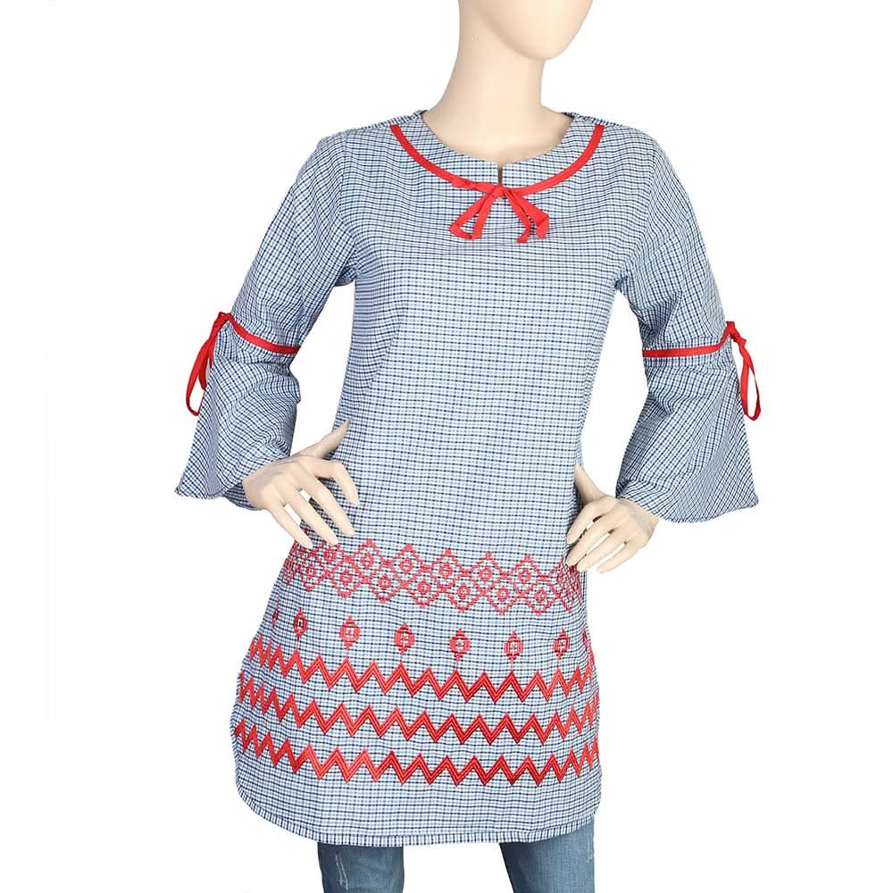 Women's Embroidered Checkered Kurti - Blue, Women, Ready Kurtis, Chase Value, Chase Value