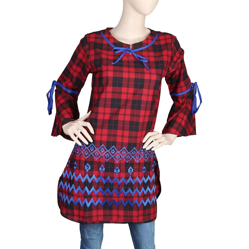 Women's Embroidered Checkered Kurti - Red, Women, Ready Kurtis, Chase Value, Chase Value