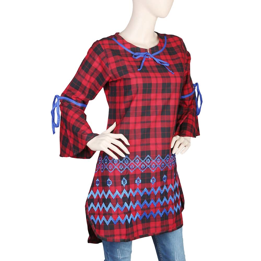 Women's Embroidered Checkered Kurti - Red, Women, Ready Kurtis, Chase Value, Chase Value