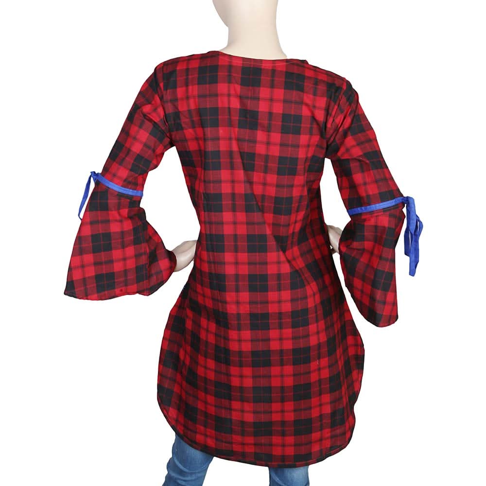 Women's Embroidered Checkered Kurti - Red, Women, Ready Kurtis, Chase Value, Chase Value