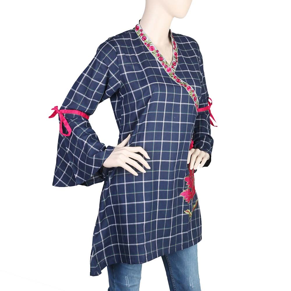 Women's Embroidered Check Kurti - Navy Blue, Women, Ready Kurtis, Chase Value, Chase Value