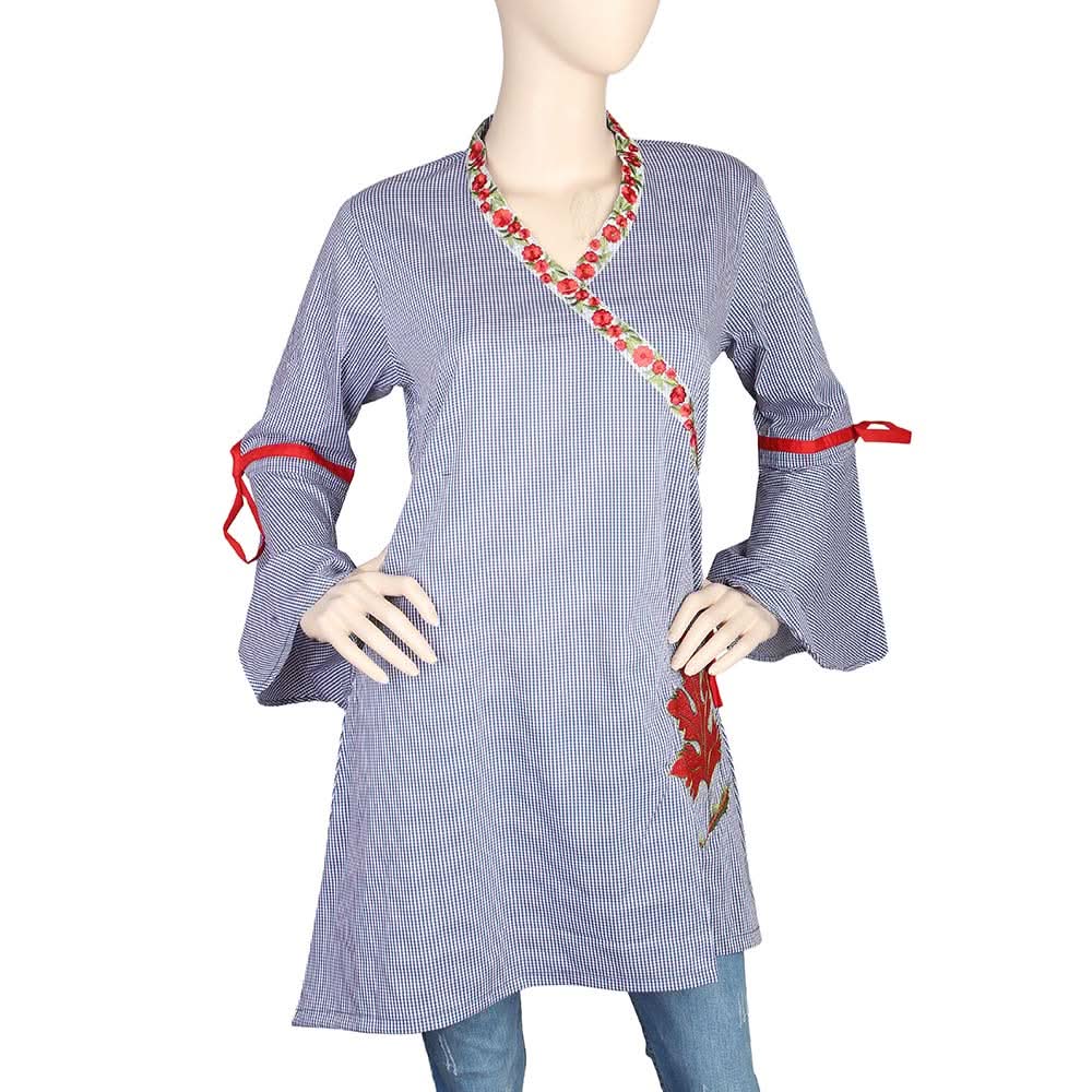 Women's Embroidered Check Kurti - Blue, Women, Ready Kurtis, Chase Value, Chase Value