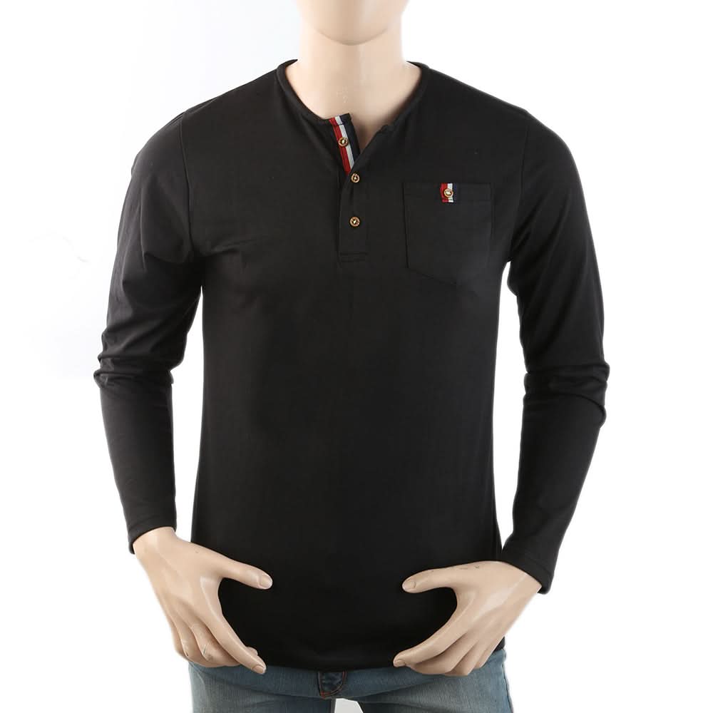Men's Full Sleeves YD Placket T-Shirt - Black, Men, T-Shirts And Polos, Chase Value, Chase Value