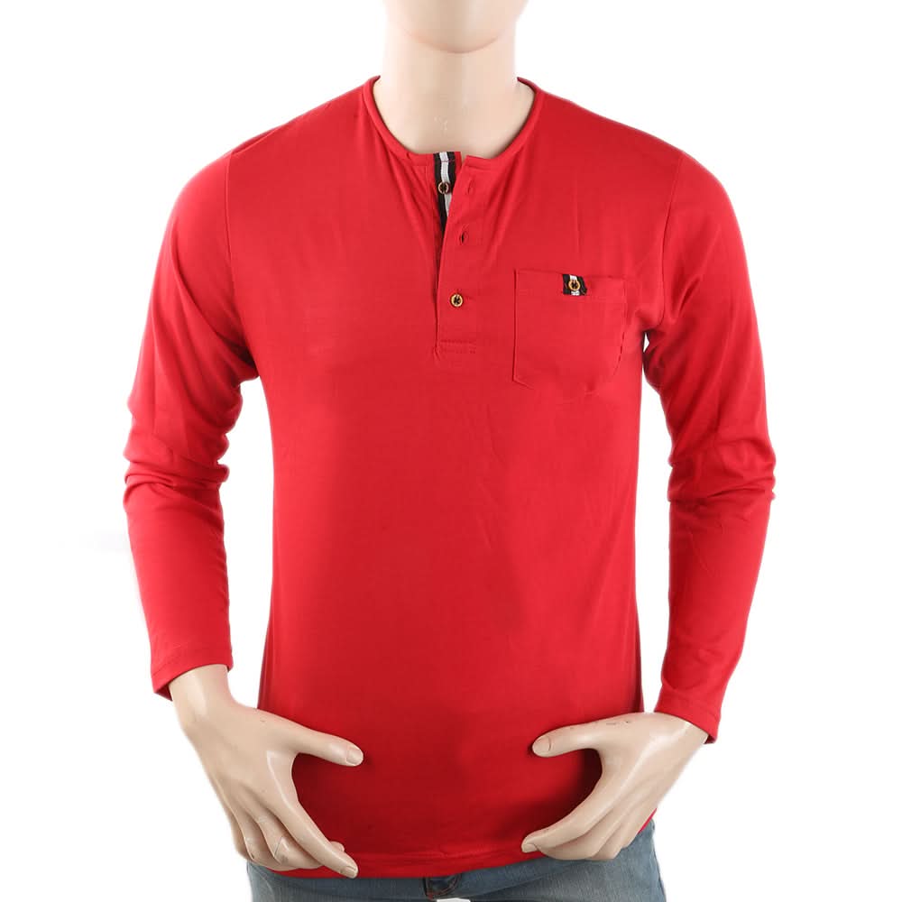 Men's Full Sleeves YD Placket T-Shirt - Red, Men, T-Shirts And Polos, Chase Value, Chase Value