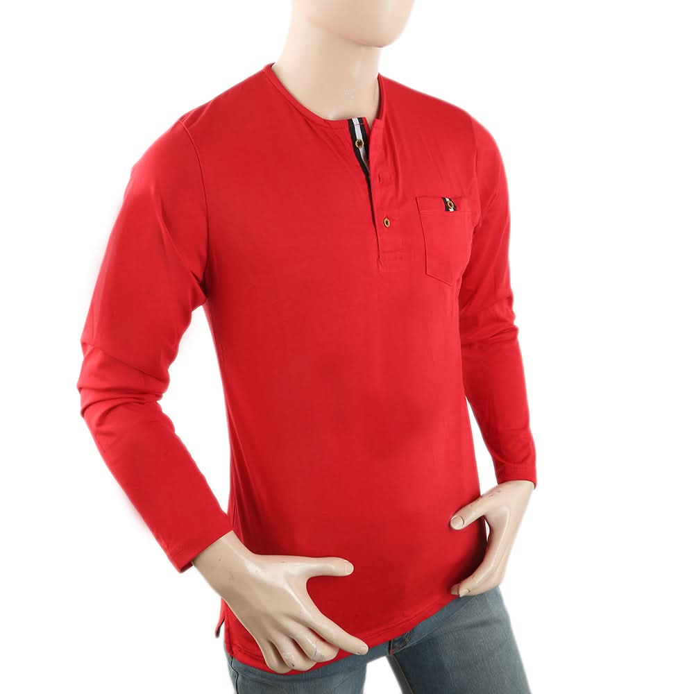Men's Full Sleeves YD Placket T-Shirt - Red, Men, T-Shirts And Polos, Chase Value, Chase Value