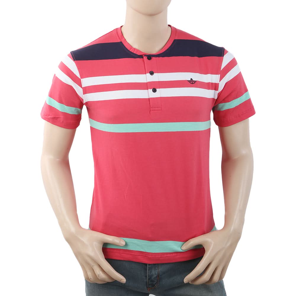 Men's Yarn Dyed Half Sleeves Placket T-Shirt - Pink, Men, T-Shirts And Polos, Chase Value, Chase Value