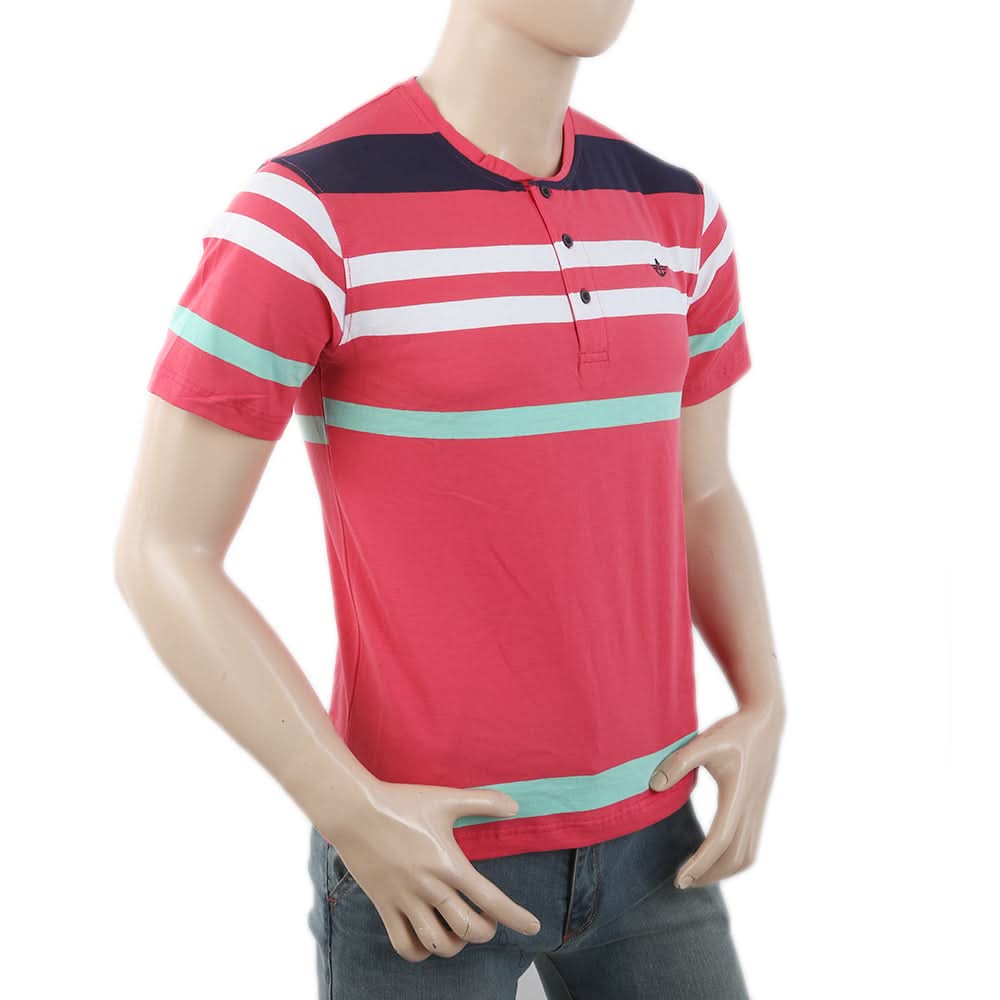 Men's Yarn Dyed Half Sleeves Placket T-Shirt - Pink, Men, T-Shirts And Polos, Chase Value, Chase Value