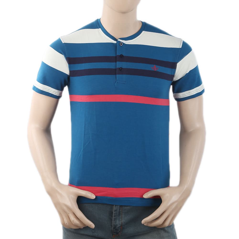 Men's Yarn Dyed Half Sleeves Placket T-Shirt - Steel Blue, Men, T-Shirts And Polos, Chase Value, Chase Value