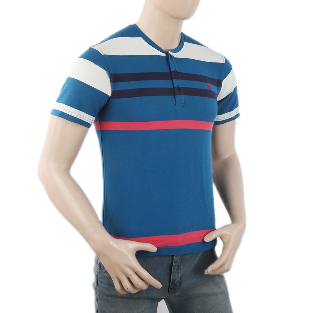 Men's Yarn Dyed Half Sleeves Placket T-Shirt - Steel Blue, Men, T-Shirts And Polos, Chase Value, Chase Value