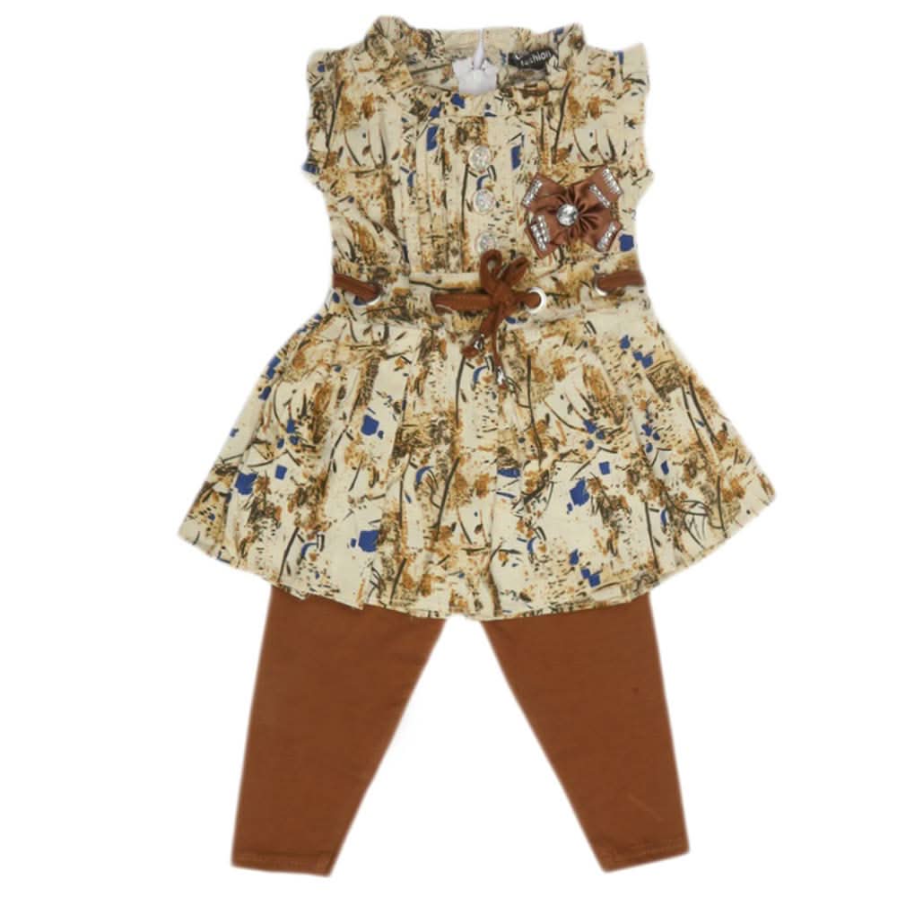 Girls Sleeve Less 2 Pcs Suit - Brown, Kids, Girls Sets And Suits, Chase Value, Chase Value