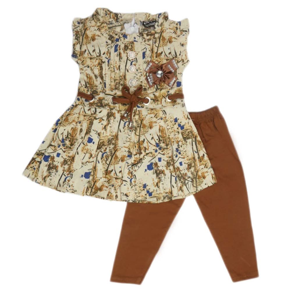 Girls Sleeve Less 2 Pcs Suit - Brown, Kids, Girls Sets And Suits, Chase Value, Chase Value