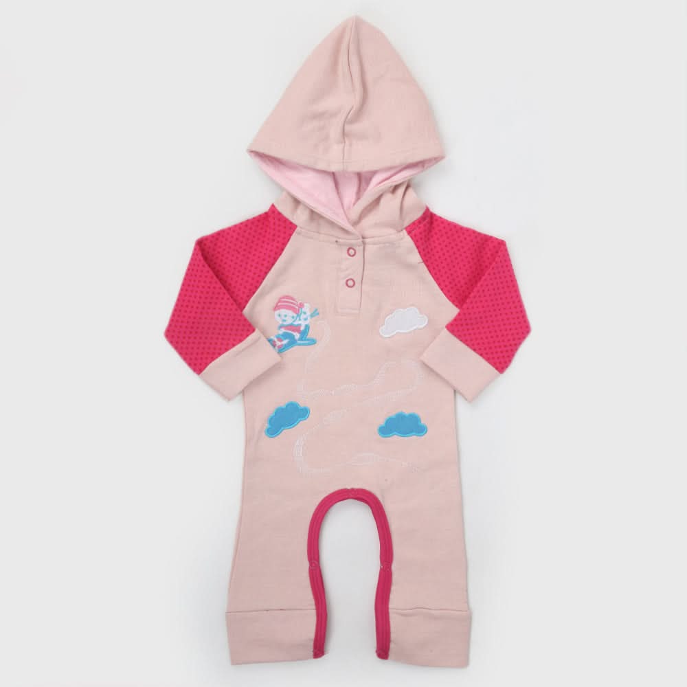 Newborn Unisex Full Sleeves Fleece Hooded Romper - Tea Pink, Kids, NB Boys Rompers, Chase Value, Chase Value
