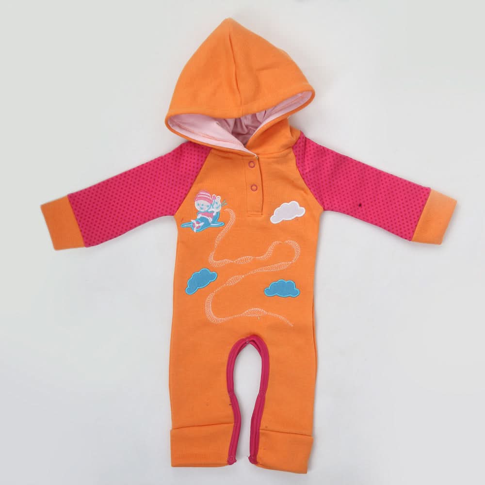 Newborn Unisex Full Sleeves Fleece Hooded Romper - Orange, Kids, NB Boys Rompers, Chase Value, Chase Value