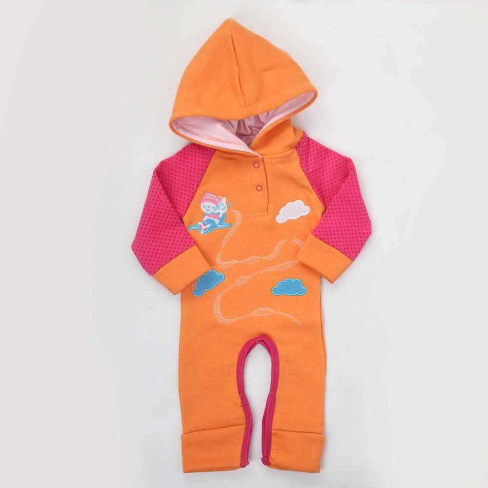 Newborn Unisex Full Sleeves Fleece Hooded Romper - Orange, Kids, NB Boys Rompers, Chase Value, Chase Value