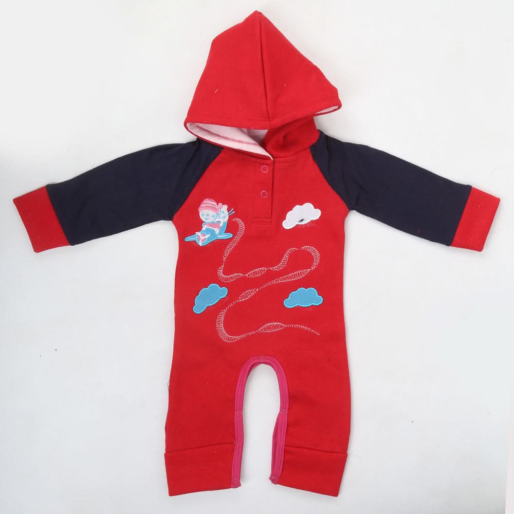 Newborn Unisex Full Sleeves Fleece Hooded Romper - Red, Kids, NB Boys Rompers, Chase Value, Chase Value