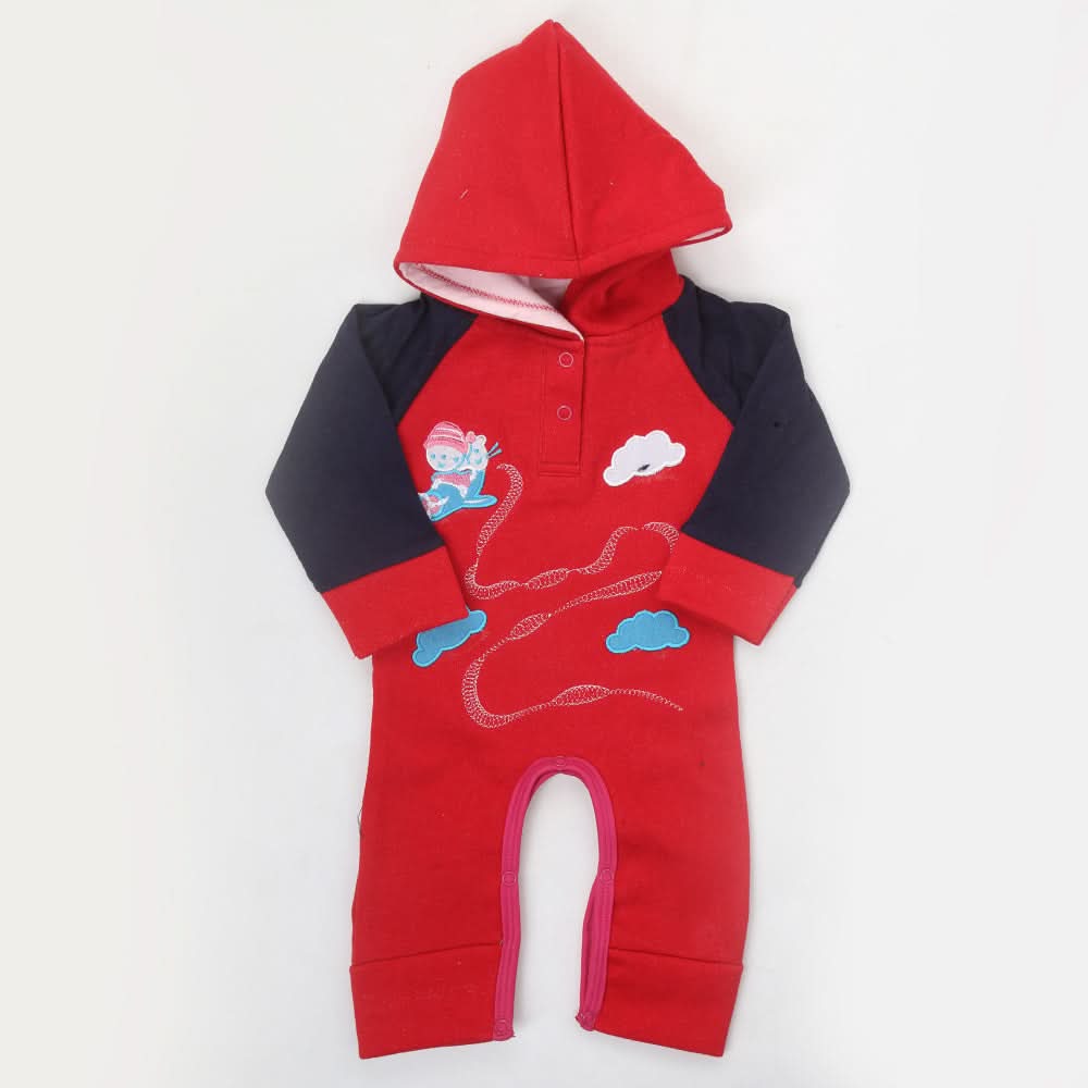 Newborn Unisex Full Sleeves Fleece Hooded Romper - Red, Kids, NB Boys Rompers, Chase Value, Chase Value