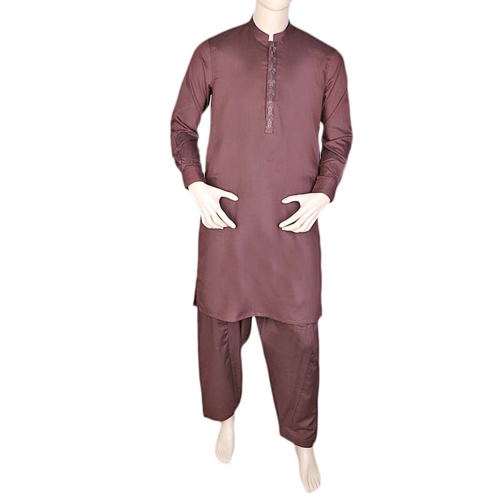 Men's Band Collar Embroidered Shalwar Kameez - Maroon, Men, Shalwar Kameez, Chase Value, Chase Value