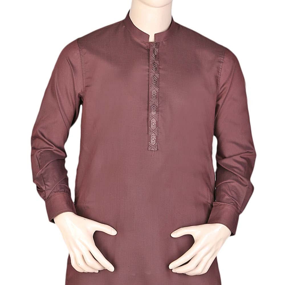 Men's Band Collar Embroidered Shalwar Kameez - Maroon, Men, Shalwar Kameez, Chase Value, Chase Value