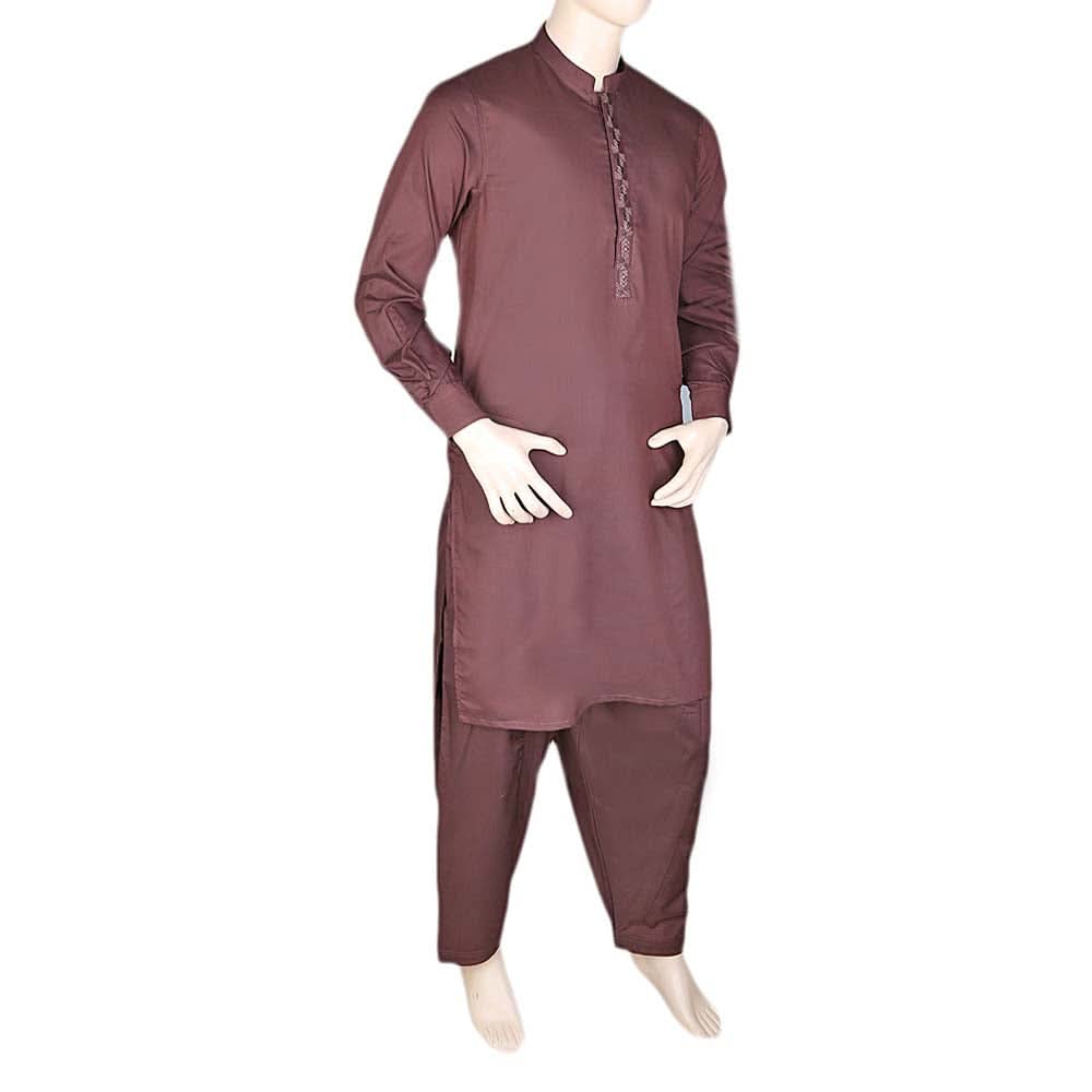 Men's Band Collar Embroidered Shalwar Kameez - Maroon, Men, Shalwar Kameez, Chase Value, Chase Value
