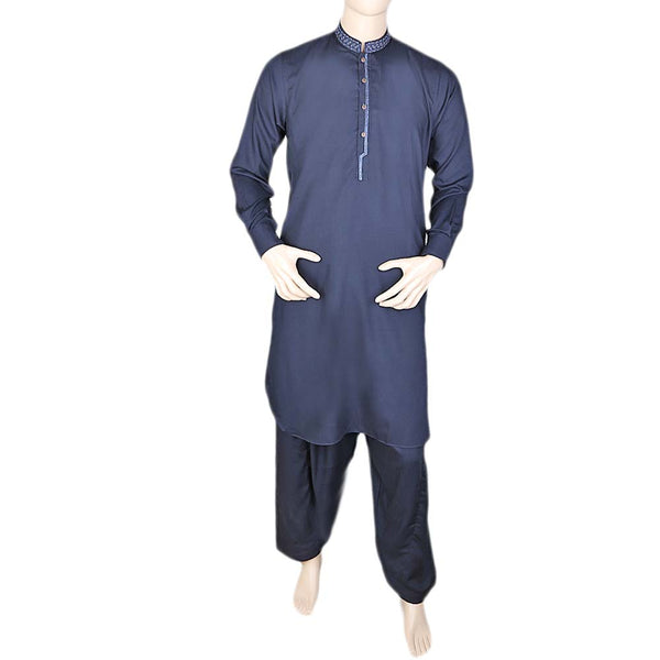 Eminent Band Collar Embroidered Shalwar Kameez For Men - Navy Blue, Men, Shalwar Kameez, Chase Value, Chase Value