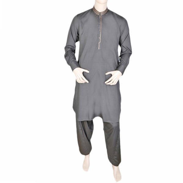 Eminent Band Collar Embroidered Shalwar Kameez For Men - Olive Green, Men, Shalwar Kameez, Chase Value, Chase Value